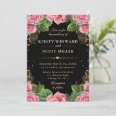 Roze en Gouden Rozen Bloemen Huwelijk Kaart (Staand voorkant)