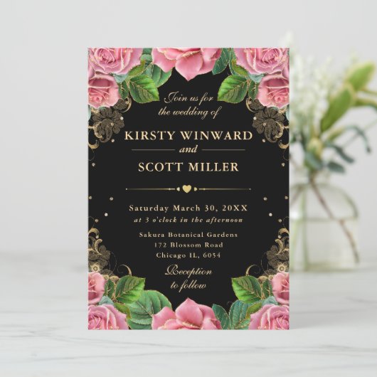 Roze en Gouden Rozen Bloemen Huwelijk Kaart (Staand voorkant)