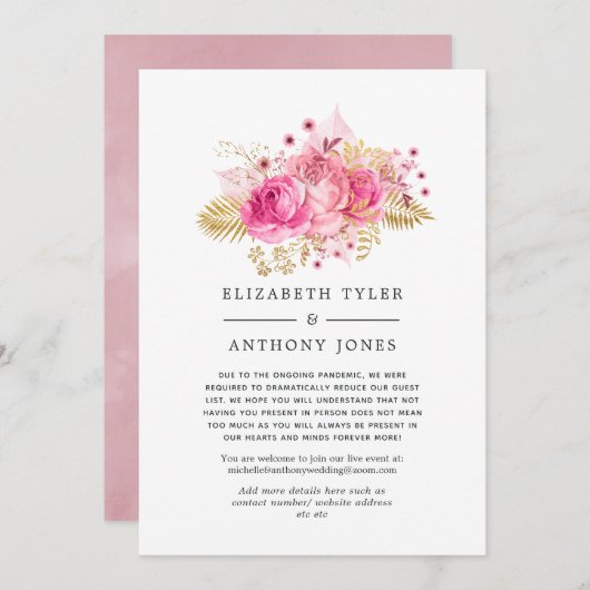 Roze en gouden rozen bruiloft met beperkte gastenl aankondiging (Voorkant / Achterkant)