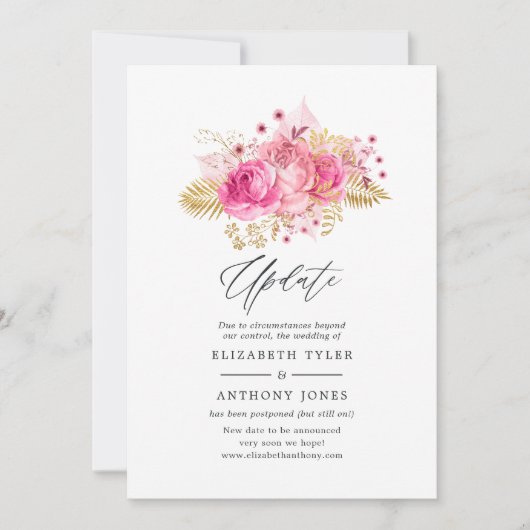 Roze en Gouden Rozen Bruiloft Update Kaart (Voorkant)