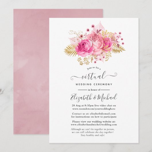 Roze en gouden Rozen online virtueel huwelijk Kaart (Voorkant / Achterkant)