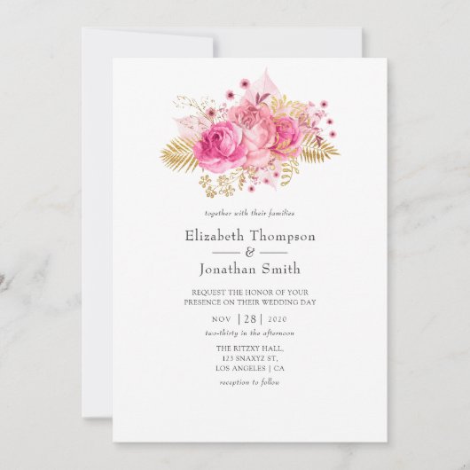 Roze en Gouden Rozen Waterverf Bruiloft Kaart (Voorkant)