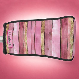 Roze en gouden rustieke namaak houten gepersonalis golfheadcover