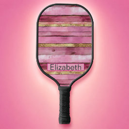 Roze en gouden rustieke nep houten gepersonaliseer pickleball paddle