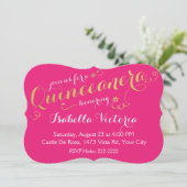Roze en gouden script Quinceanera Kaart (Staand voorkant)
