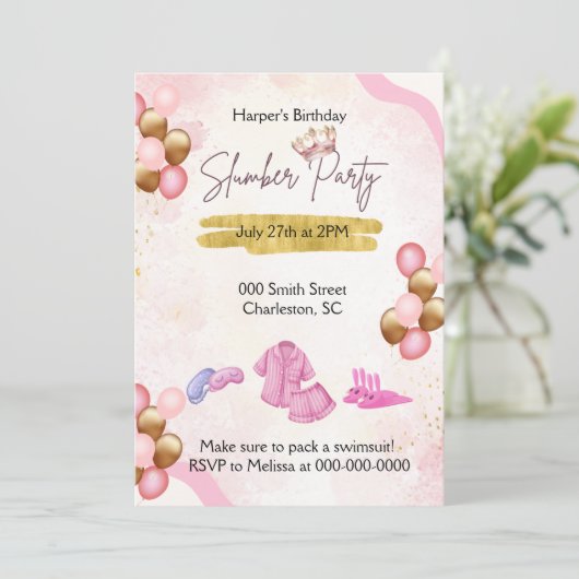 Roze en Gouden Slumber Party Uitnodiging (Staand voorkant)