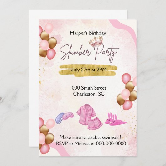 Roze en Gouden Slumber Party Uitnodiging (Voorkant / Achterkant)