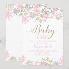 Roze en Gouden Sneeuwvlok Winter Baby Borrel Kaart