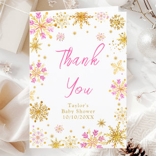 Roze en Gouden Sneeuwvlokken Baby Shower Bedankkaart