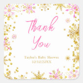 Roze en Gouden Sneeuwvlokken Baby shower Bedankt Vierkante Sticker (Voorkant)