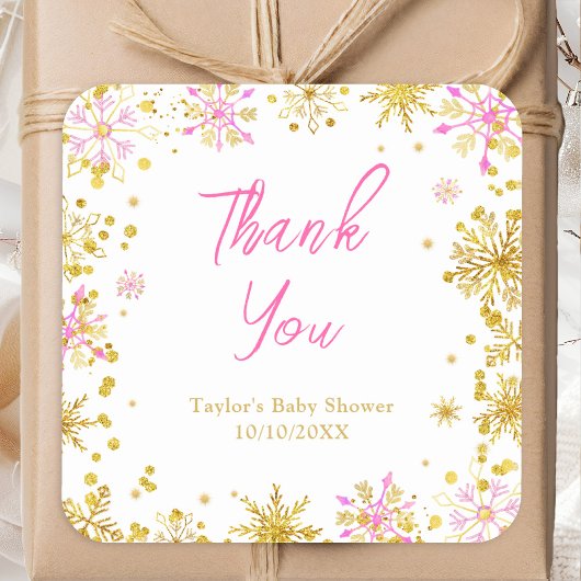 Roze en Gouden Sneeuwvlokken Baby shower Bedankt Vierkante Sticker