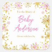 Roze en gouden sneeuwvlokken Baby shower Bookplate Vierkante Sticker (Voorkant)