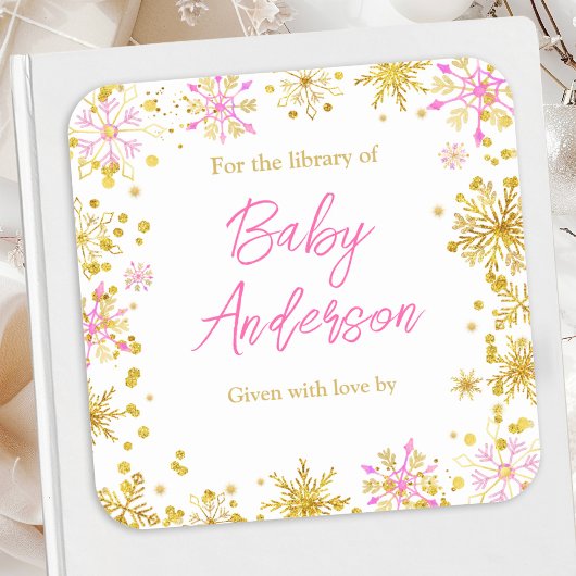 Roze en gouden sneeuwvlokken Baby shower Bookplate Vierkante Sticker