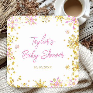 Roze en Gouden Sneeuwvlokken Baby Shower Kartonnen Onderzetters