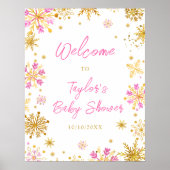 Roze en Gouden Sneeuwvlokken Baby shower Welkom Poster (Voorkant)