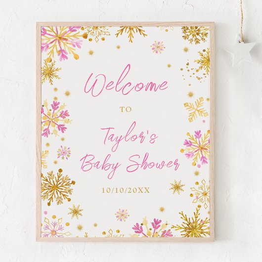 Roze en Gouden Sneeuwvlokken Baby shower Welkom Poster