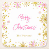 Roze en Gouden Sneeuwvlokken Kerstfeest Kartonnen Onderzetters (Voorkant)