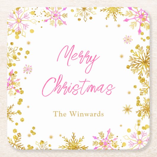 Roze en Gouden Sneeuwvlokken Kerstfeest Kartonnen Onderzetters (Voorkant)