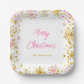 Roze en Gouden Sneeuwvlokken Kerstfeest Papieren Bordje (Voorkant)