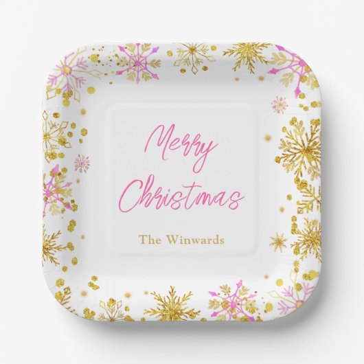 Roze en Gouden Sneeuwvlokken Kerstfeest Papieren Bordje (Voorkant)