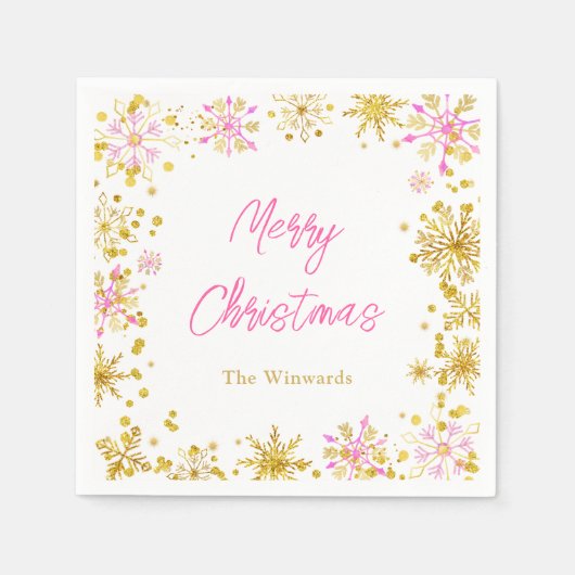Roze en Gouden Sneeuwvlokken Kerstfeest Servet (Voorkant)