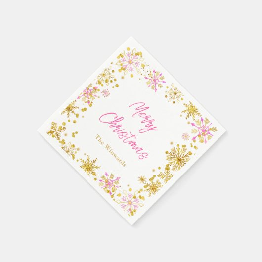 Roze en Gouden Sneeuwvlokken Kerstfeest Servet (Hoek)