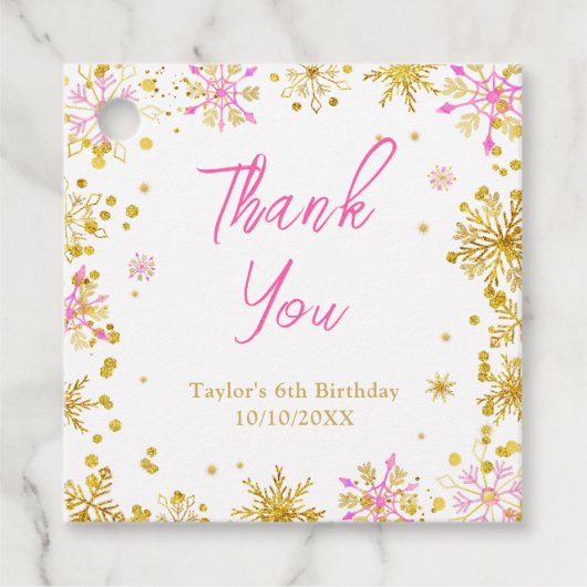 Roze en Gouden Sneeuwvlokken Verjaardag Bedankt Bedankjes Labels (Voorkant)