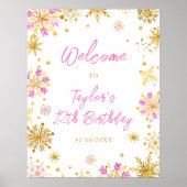 Roze en Gouden Sneeuwvlokken Verjaardagsfeest Welk Poster (Voorkant)