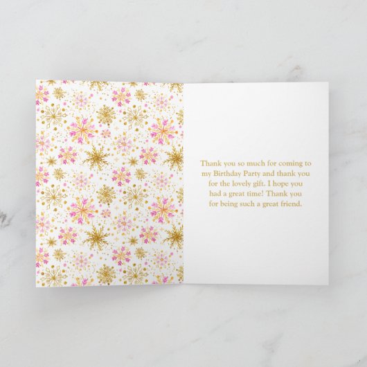 Roze en gouden sneeuwvlokken verjaardagsfeestje bedankkaart (Binnen)