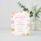 Roze en gouden sneeuwvlokken verjaardagsfeestje briefkaart (Staand voorkant)