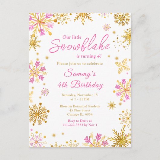 Roze en gouden sneeuwvlokken verjaardagsfeestje briefkaart (Voorkant)