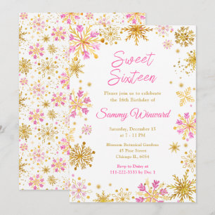 Roze en Gouden Sneeuwvlokken Winter Sweet Sixteen Kaart