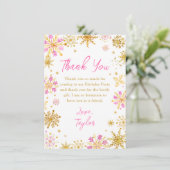 Roze en gouden sneeuwvlokken Winter Verjaardagsfee Bedankkaart (Staand voorkant)