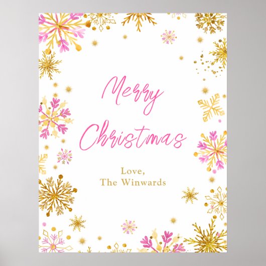 Roze en gouden snowflakes Merry Kerstmis Poster (Voorkant)