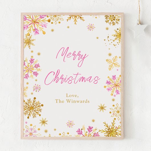 Roze en gouden snowflakes Merry Kerstmis Poster