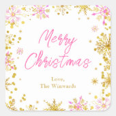 Roze en gouden snowflakes Merry Kerstmis Vierkante Sticker (Voorkant)