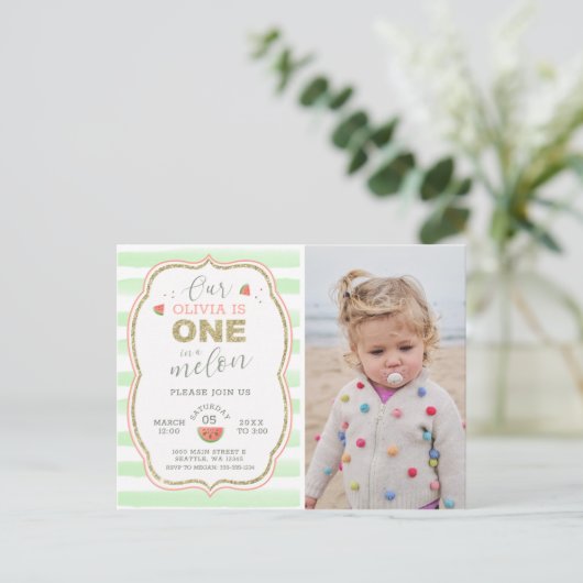 Roze en Gouden Sparkle One in a Melon 1st Birthday Briefkaart (Staand voorkant)