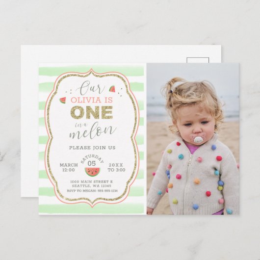 Roze en Gouden Sparkle One in a Melon 1st Birthday Briefkaart (Voorkant / Achterkant)