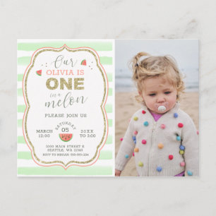 Roze en Gouden Sparkle One in a Melon 1st Birthday Briefkaart