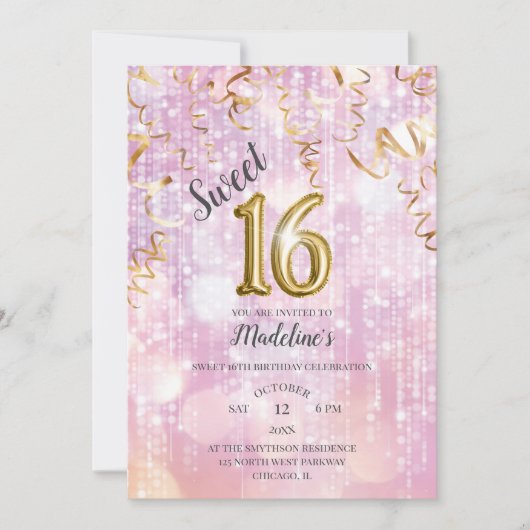 Roze en Gouden Sparkle Sweet 16 Verjaardag Kaart (Voorkant)