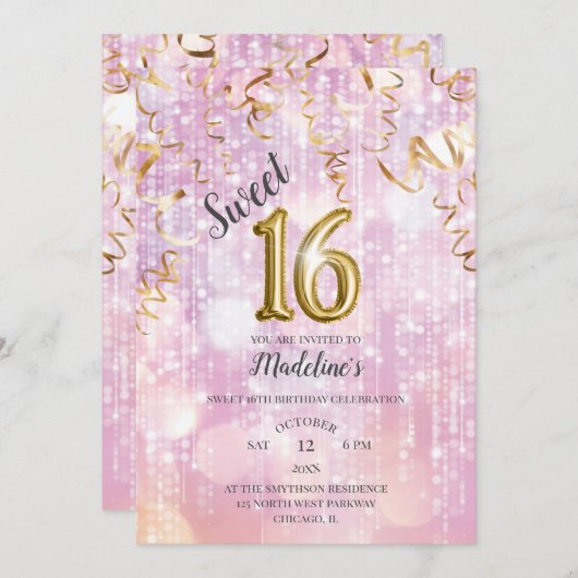 Roze en Gouden Sparkle Sweet 16 Verjaardag Kaart (Voorkant / Achterkant)