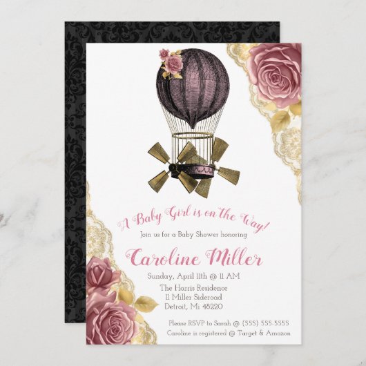 Roze en Gouden Steampunk Hete Luchtballon Douche Kaart (Voorkant / Achterkant)