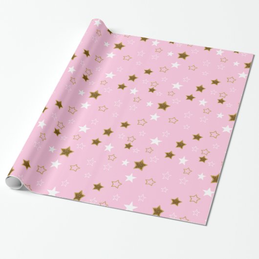 Roze en gouden sterren cadeauverpakking cadeaupapier (Uitgerold)