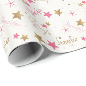 Roze en gouden sterren Eigen naam Birthday Cadeaupapier (Rol Hoek)