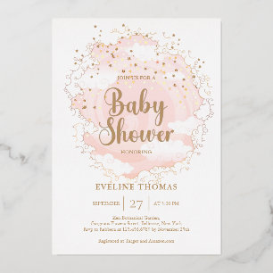 Roze en gouden sterrenwolk in de lucht baby shower folie uitnodiging