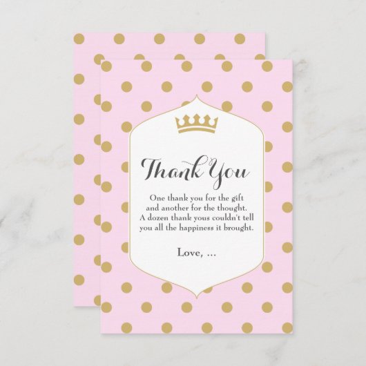 Roze en gouden Stippen Royal Crown Princess Dank u Bedankkaart (Voorkant / Achterkant)