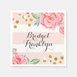 Roze en gouden strepen confetti bloemenbruiloft servet