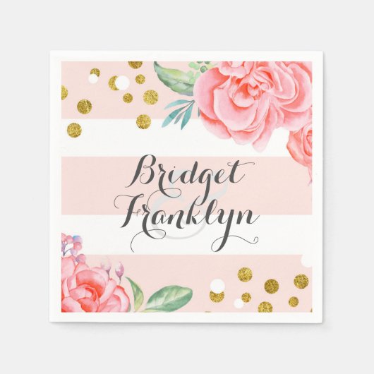 roze en gouden strepen confetti bloemige bruiloft servet (Voorkant)