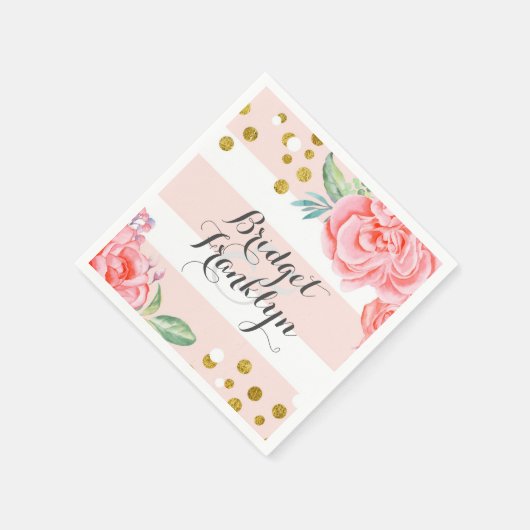 roze en gouden strepen confetti bloemige bruiloft servet (Hoek)