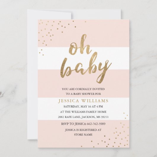 Roze en gouden strepen Oh Baby shower Uitnodiging (Voorkant)